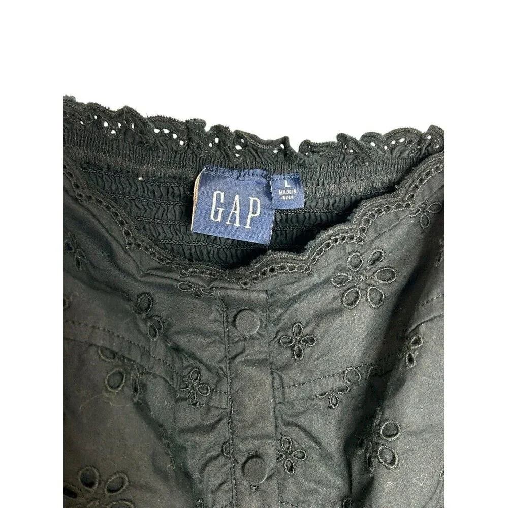 Gap Eyelet Flutter Sleeve Tank Top Women’s Sz L Black Buttons Cottagecore - Picture 3 of 7
